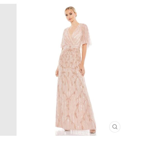 MAC DUGGLE EMBELLISHED CAP SLEEVE FAUX WRAP TRUMPET GOWN Size 14 NWT - Picture 2 of 12